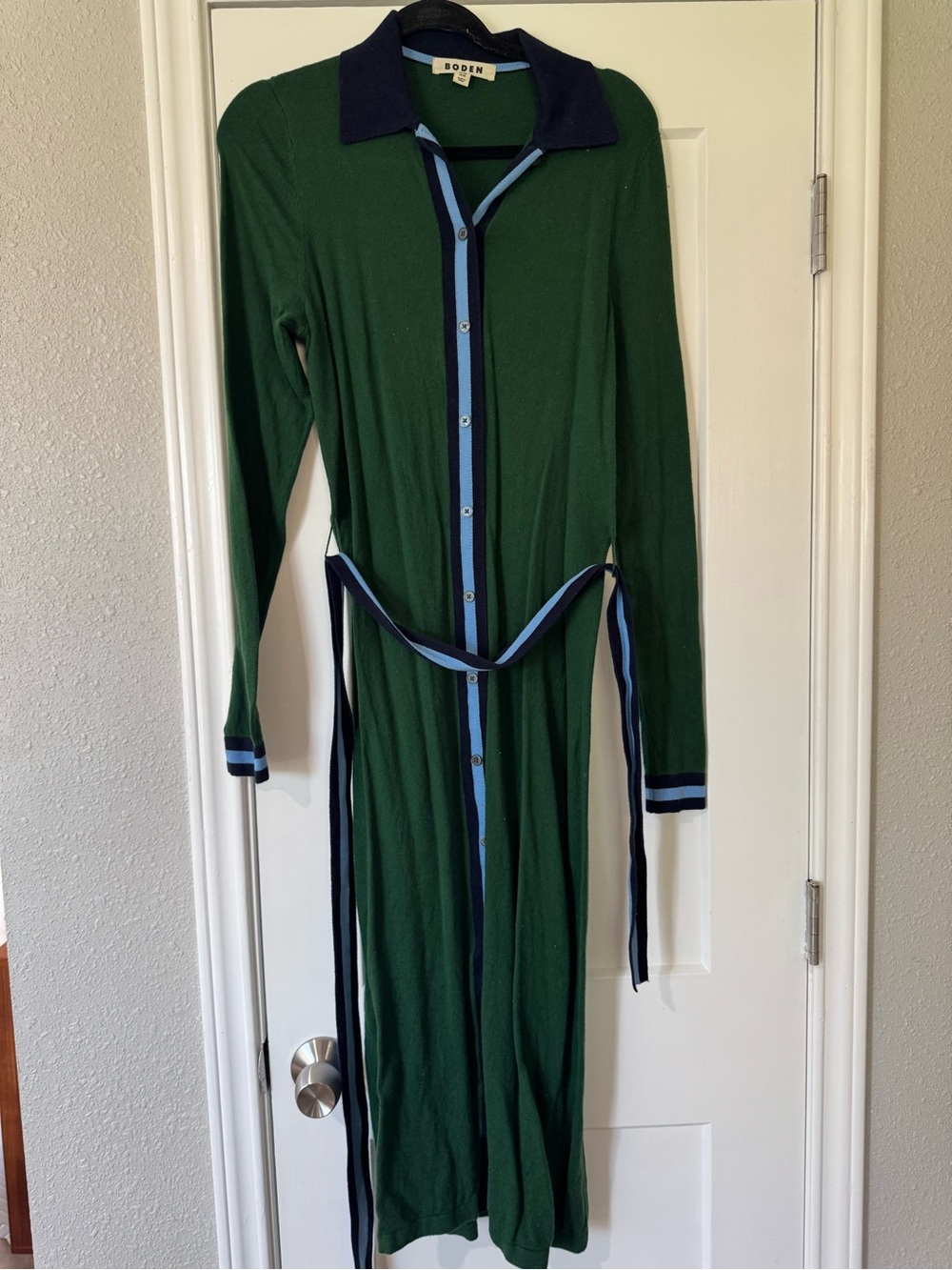 Boden Forest Green Long-Sleeve Knit Shirt Dress with Navy & Light Blue Trim